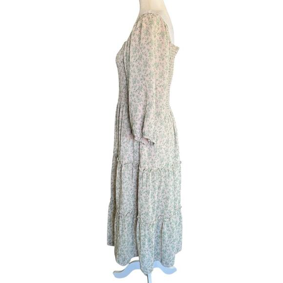 Piper And Scoot Dress Ruching Tiered Milkmaid Sweetheart Green Floral XL Boho - Picture 3 of 12
